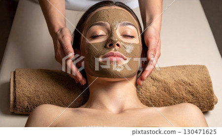 Close-up of a woman relaxing during a mud pack Close-up of a woman relaxing during a mud pack 130471625