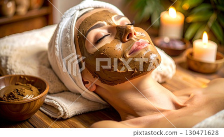 一名面膜呈棕色的女性 130471628