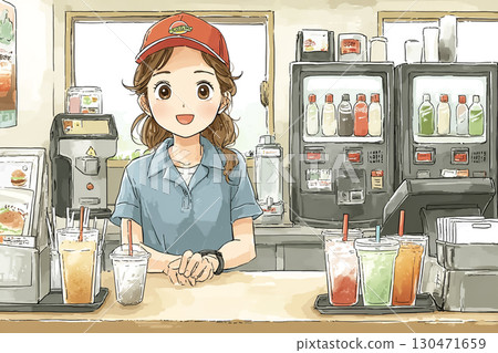 Female staff preparing drinks at a fast food restaurant 130471659
