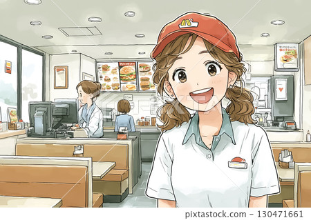 Smiling female staff in uniform at a fast food restaurant 130471661