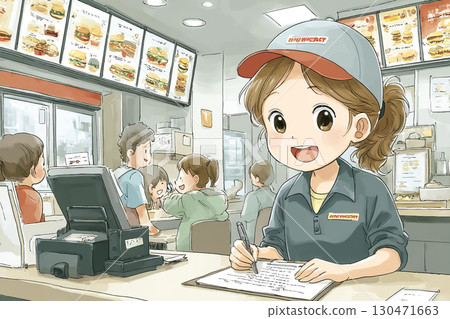 快餐店櫃檯上接受訂單的女工作人員 130471663