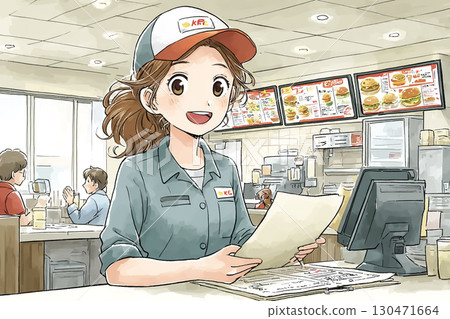 Miyu系列:快餐店櫃檯上接受訂單的女服務員 Miyu系列:快餐店櫃檯上接受訂單的女服務員 130471664