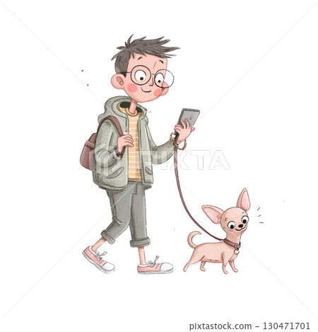 A cute illustration of a woman walking with a Chihuahua 130471701
