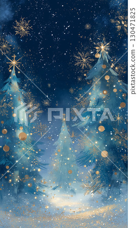 一幅奇妙的風景畫，描繪了雪林中閃閃發光的聖誕樹和星空 130471825
