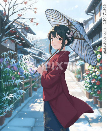 A woman in traditional Japanese clothing standing in an old townscape [Winter] 130471866