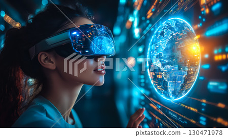 A woman wearing VR glasses interacts with a holographic globe. The concept of virtual reality, global connectivity, and futuristic business innovation. Generative AI. 130471978