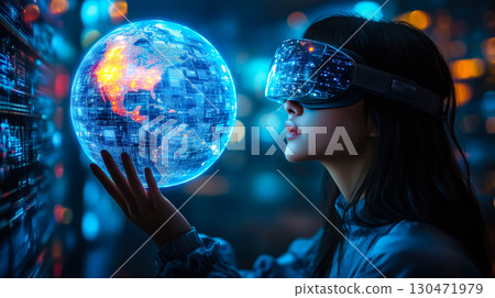 A woman wearing VR glasses interacts with a holographic globe. The concept of virtual reality, global connectivity, and futuristic business innovation. Generative AI. 130471979