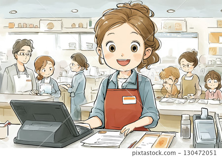 A food court staff member is paying at the cash register 130472051