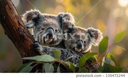一隻無尾熊媽媽和小無尾熊並肩站在樹枝上 130472244