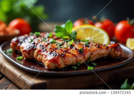 delicious mouth-watering beef tenderloin steak grilled with lemon and herbs and tomatoes delicious mouth-watering beef tenderloin steak grilled with lemon and herbs and tomatoes 130472393