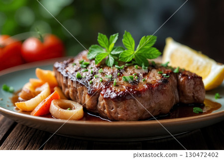 medium rare beef steak grilled with herbs, fried onions and lemon on a wooden table medium rare beef steak grilled with herbs, fried onions and lemon on a wooden table 130472402