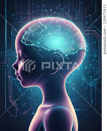 Abstract child head with glowing brain connections and neurons pattern, digital technology concept Abstract child head with glowing brain connections and neurons pattern, digital technology concept 130472411