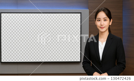 A woman giving a commentary on a large studio monitor 130472426