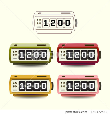 A collection of colorful retro flip-style digital clock illustrations. Perfect for vintage design, UI elements, time displays, and creative projects. 130472462
