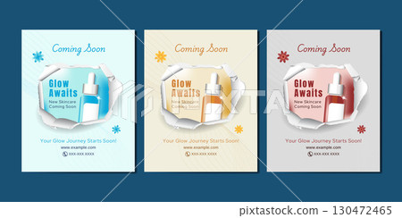 A set of minimal and elegant poster designs with Coming Soon skincare theme. Ideal for beauty brands, product launch campaigns, and promotional materials. 130472465