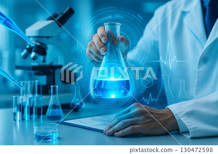 AI generated image of scientist holding glowing blue liquid flask in modern laboratory with digital holographic graphics representing biotechnology chemistry medicine and scientific innovation 130472598