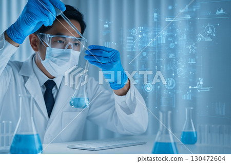 AI generated image of a scientist in a modern lab holding pipette and flask with digital holograms glowing blue symbolizing research innovation technology and precision 130472604