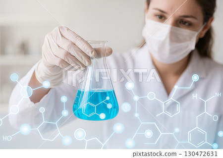 AI generated of female scientist in white coat mask and gloves holding flask with glowing blue liquid molecular structures and chemistry graphics symbolizing research innovation and modern science 130472631
