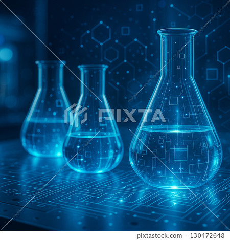 AI generated modern laboratory with glowing blue liquid in glass flasks enhanced by digital holograms symbolizing innovation research and biotechnology 130472648