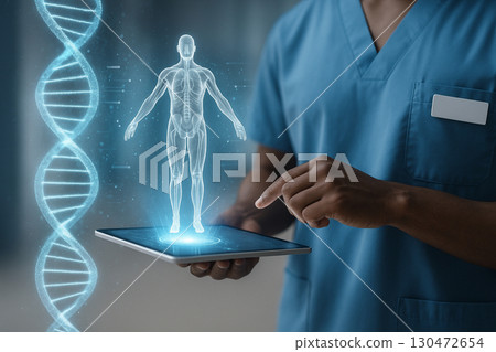 AI generated futuristic hologram of human body glowing above tablet with DNA double helix symbolizing genetic science medical technology healthcare and digital innovation AI generated futuristic hologram of human body glowing above tablet with DNA double helix symbolizing genetic science medical technology healthcare and digital innovation 130472654