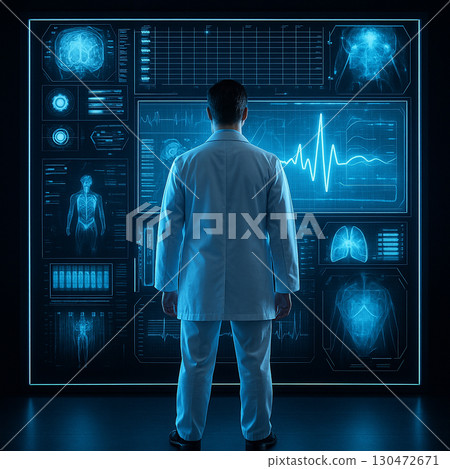 AI generated ultra realistic doctor standing in front of glowing medical holographic screen showing human anatomy brain lungs and heartbeat symbolizing futuristic healthcare and research AI generated ultra realistic doctor standing in front of glowing medical holographic screen showing human anatomy brain lungs and heartbeat symbolizing futuristic healthcare and research 130472671
