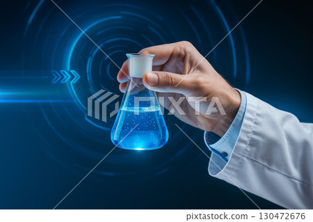 AI generated abstract scene of scientist hand holding flask with glowing blue liquid and digital holographic interface symbolizing innovation technology research and biotechnology progress 130472676