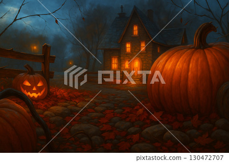 AI generated Halloween scene with giant pumpkin glowing jack o lantern rustic wooden house autumn leaves fence and misty night creating spooky warm and mysterious atmosphere AI generated Halloween scene with giant pumpkin glowing jack o lantern rustic wooden house autumn leaves fence and misty night creating spooky warm and mysterious atmosphere 130472707