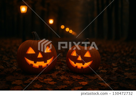 AI generated two jack o lantern pumpkins glowing warmly on autumn leaves with lanterns and trees in the background creating a magical festive halloween mood AI generated two jack o lantern pumpkins glowing warmly on autumn leaves with lanterns and trees in the background creating a magical festive halloween mood 130472732