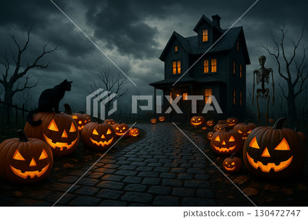 AI generated Halloween scene with haunted house glowing jack o lantern pumpkins black cat skeleton cobblestone path and eerie atmosphere creating spooky mysterious and festive night mood 130472747