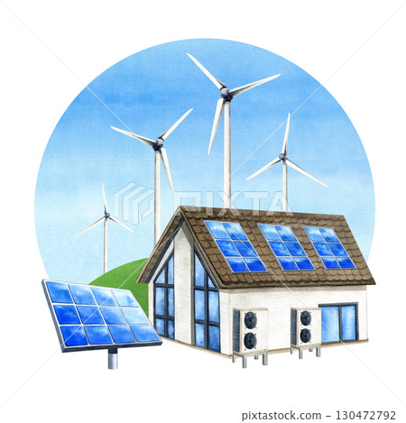 Solar panels and Inverter heat pump on house, Wind turbine on green field. Watercolor clip art scenery, blue sky, PV battery. Renewable generator energy. Alternative electricity illustration 130472792