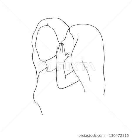 Daughter whispers in mother ear. Little girl with mom. Woman and child. Graphic vector illustration, sketch line art style. Mother Day or Daughter Day holiday. Postcards, articles, care product 130472815