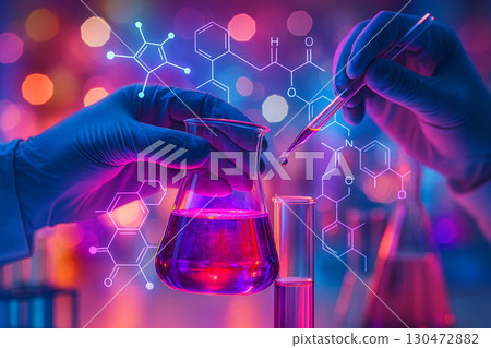 AI generated digital artwork of a glowing purple red beaker with pipette and holographic molecular graphics symbolizing futuristic laboratory research and scientific innovation AI generated digital artwork of a glowing purple red beaker with pipette and holographic molecular graphics symbolizing futuristic laboratory research and scientific innovation 130472882