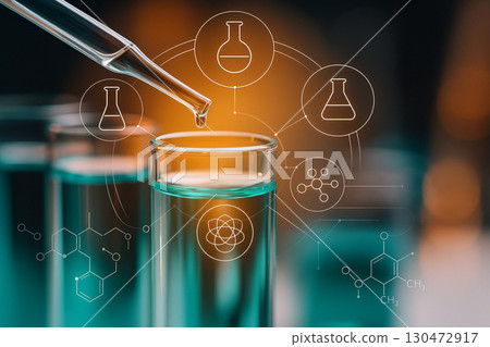 AI generated digital artwork of a pipette dropping liquid into a blue green test tube with glowing holographic molecular icons symbolizing modern science research and futuristic laboratory innovation 130472917