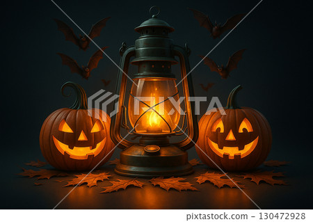 AI generated halloween fantasy artwork of vintage lantern glowing with warm light surrounded by carved jack o lanterns bats flying and autumn leaves in mysterious dark night atmosphere 130472928
