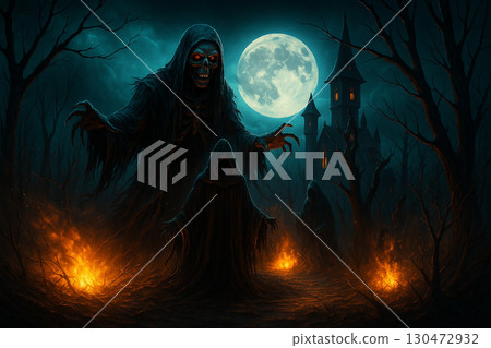 AI generated dark halloween scene with skeletal reaper glowing red eyes fiery ground full moon haunted forest gothic tower eerie shadows and terrifying atmosphere of horror and mystery 130472932