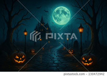 AI generated halloween fantasy artwork showing a haunted stone path lined with glowing jack o lanterns and lanterns leading to a gothic castle under a full moon with eerie and mystical atmosphere 130472942