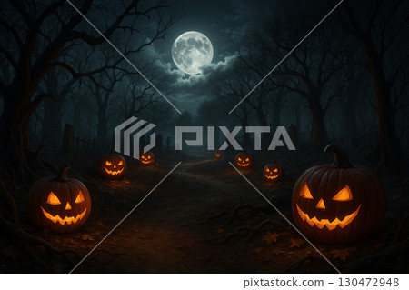 AI generated spooky Halloween forest with glowing jack o lanterns lighting a dark path under a full moon eerie gothic mood mysterious and haunting atmosphere perfect for fantasy theme AI generated spooky Halloween forest with glowing jack o lanterns lighting a dark path under a full moon eerie gothic mood mysterious and haunting atmosphere perfect for fantasy theme 130472948