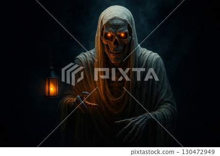 AI generated halloween dark fantasy artwork of a skeletal ghost in tattered shroud with glowing eyes holding lantern in misty haunted atmosphere creating eerie gothic and terrifying mood AI generated halloween dark fantasy artwork of a skeletal ghost in tattered shroud with glowing eyes holding lantern in misty haunted atmosphere creating eerie gothic and terrifying mood 130472949