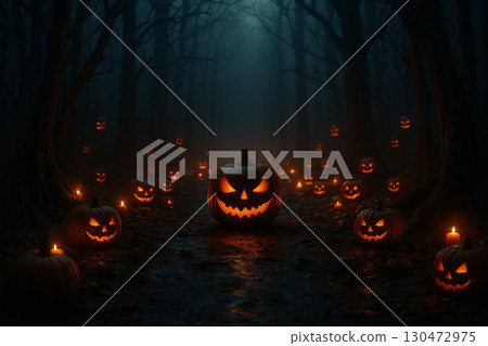 AI generated gothic Halloween forest with glowing jack o lanterns eerie mist twisted trees and dark path creating spooky mysterious and dramatic atmosphere perfect for fantasy themes 130472975