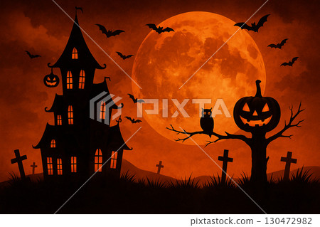 AI generated spooky Halloween fantasy scene with haunted house glowing windows jack o lantern bats owl graveyard and giant orange full moon gothic and mysterious atmosphere 130472982
