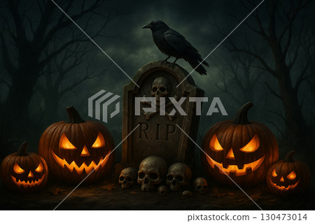 AI generated dark Halloween fantasy scene with gravestone raven glowing jack o lanterns skulls twisted trees fog and eerie gothic atmosphere of mystery horror and supernatural mood 130473014