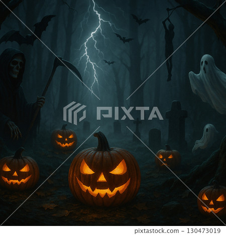 AI generated spooky Halloween night in dark forest glowing jack o lanterns grim reaper ghost bats lightning graveyard mist eerie gothic fantasy atmosphere 130473019