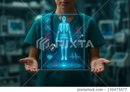 AI generated futuristic healthcare illustration showing doctor with holographic human body analysis data representing digital health precision medicine and advanced technology AI generated futuristic healthcare illustration showing doctor with holographic human body analysis data representing digital health precision medicine and advanced technology 130473077