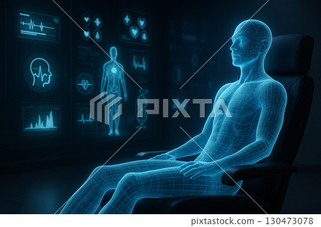 AI generated futuristic medical illustration showing a glowing hologram human body in a high tech virtual lab with digital health data and advanced analysis interface AI generated futuristic medical illustration showing a glowing hologram human body in a high tech virtual lab with digital health data and advanced analysis interface 130473078
