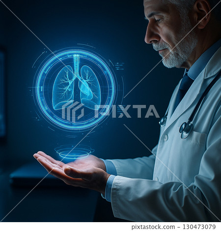 AI generated ultra realistic doctor holding glowing blue hologram of human chest showing lungs and ribcage symbolizing futuristic healthcare and digital medical technology 130473079