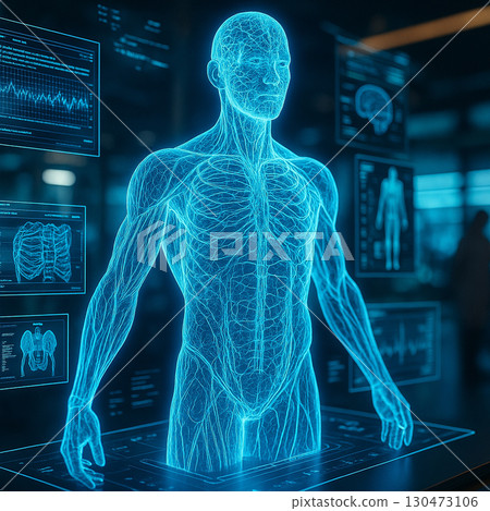 AI generated futuristic medical illustration showing holographic human body anatomy with neural system and digital health interface glowing in blue tones 130473106