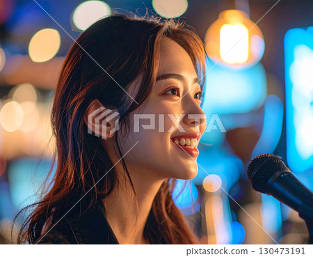 享受卡拉 OK 的年輕女子 130473191