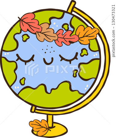 Cute Autumn Back to School Cartoon Earth Globe with Autumn Leaves Cute Autumn Back to School Cartoon Earth Globe with Autumn Leaves 130473321