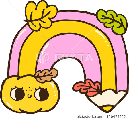 Cute Autumn Back to School Fall Rainbow Pencil With Leaves Illustration 130473322
