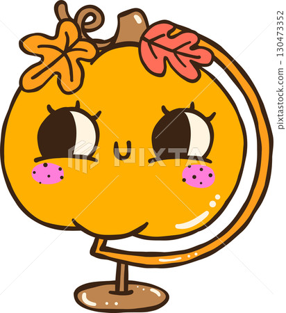 Cute Autumn Back to School Pumpkin Globe Cartoon Illustration 130473352